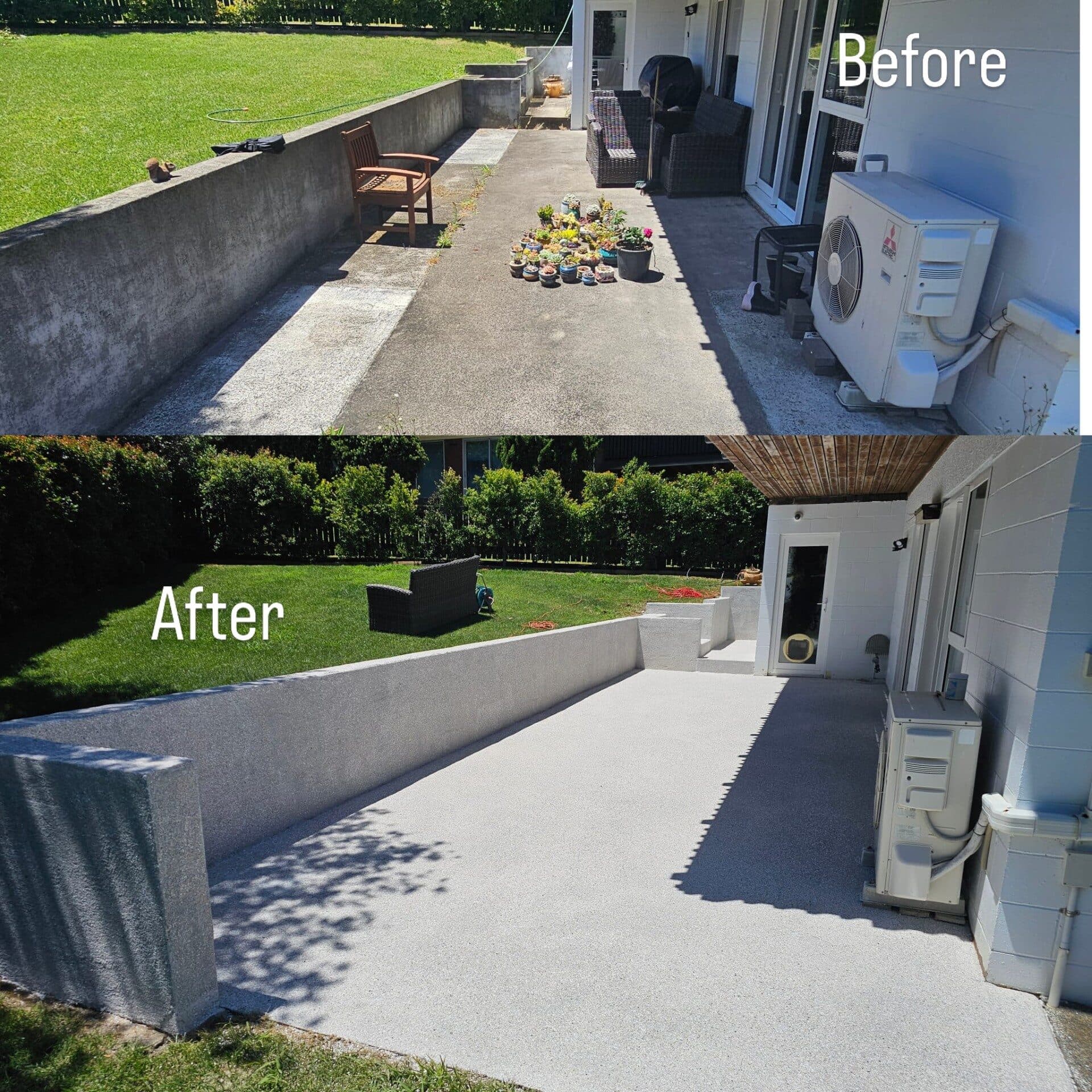 A stunning before-and-after transformation of a residential patio with premium epoxy coating for durability and appeal.