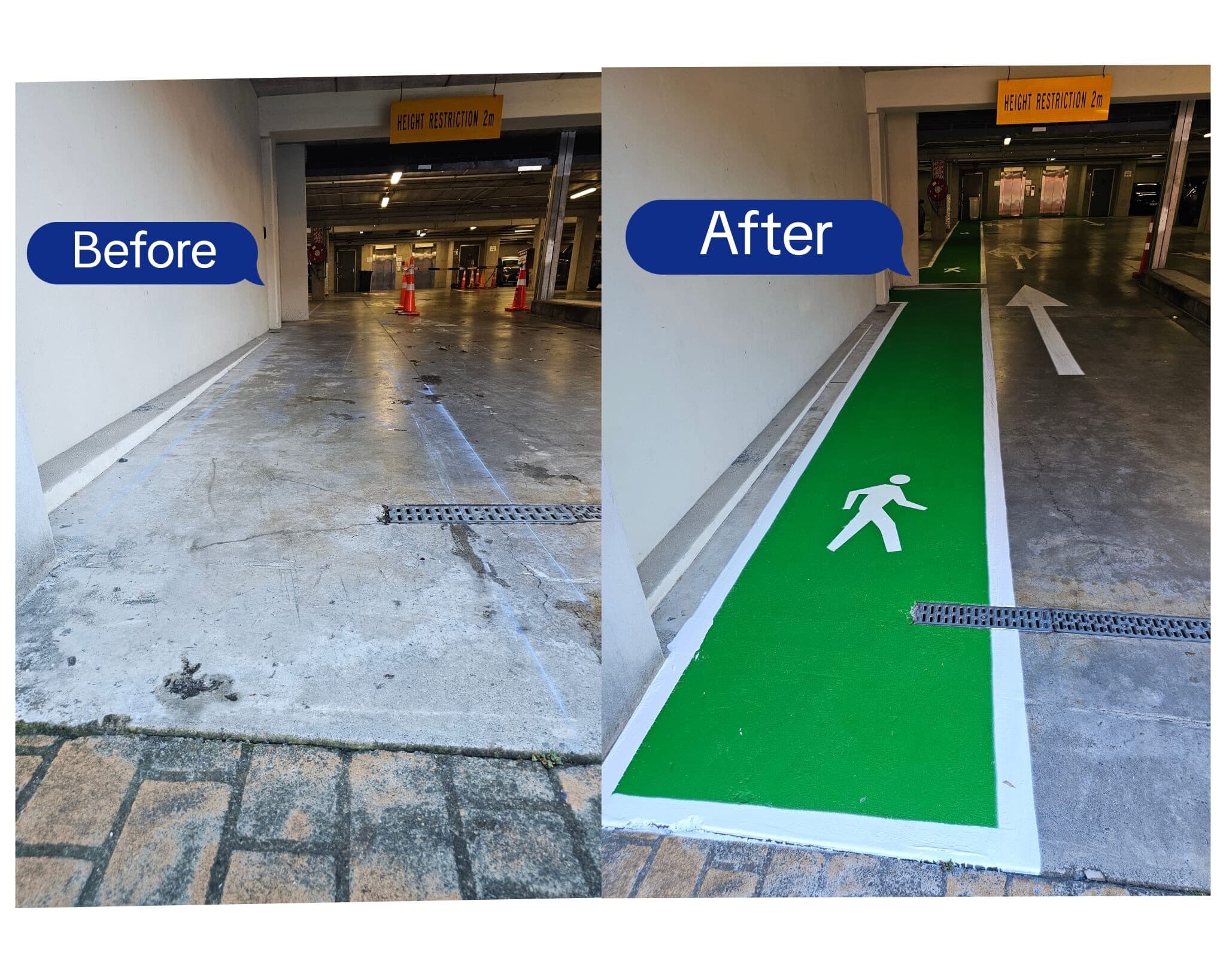 A safety-focused commercial walkway with high-friction, anti-slip epoxy coating — before and after.